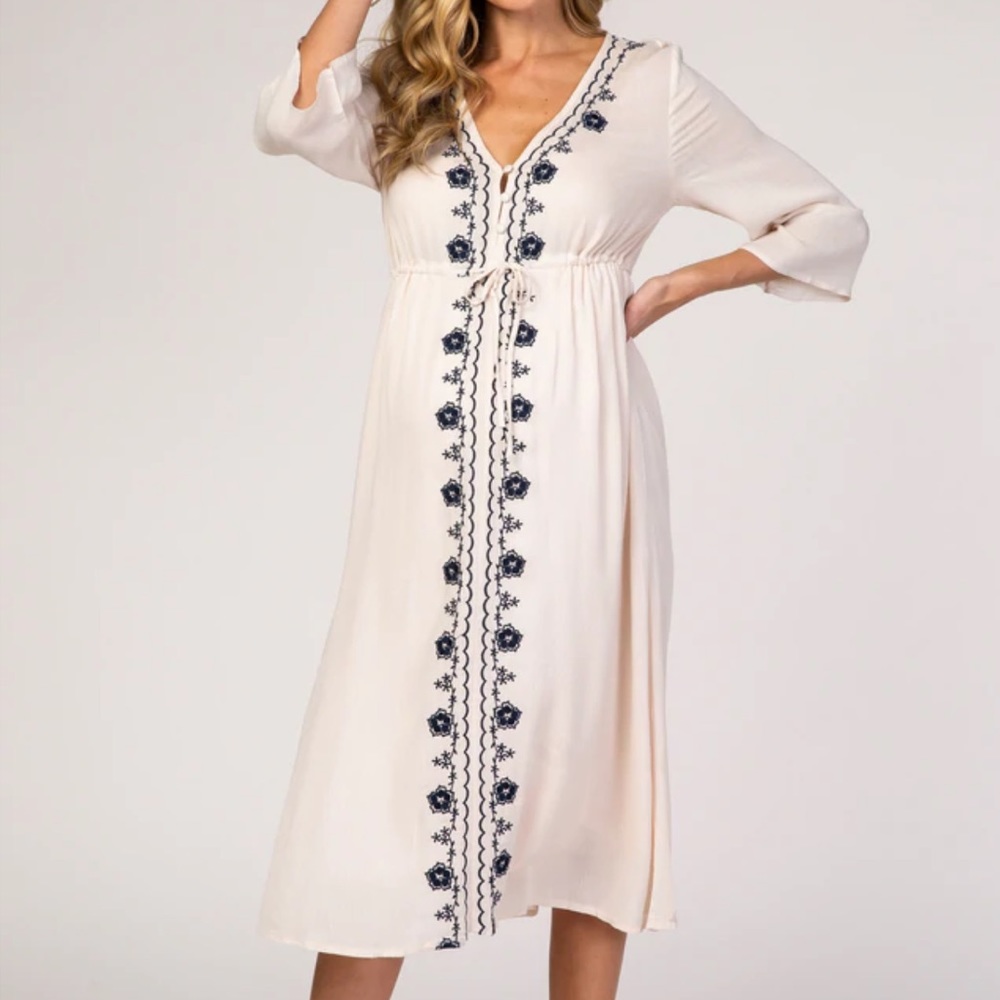 Beige Floral Embroidered 3/4 Sleeve Maternity Midi Dress